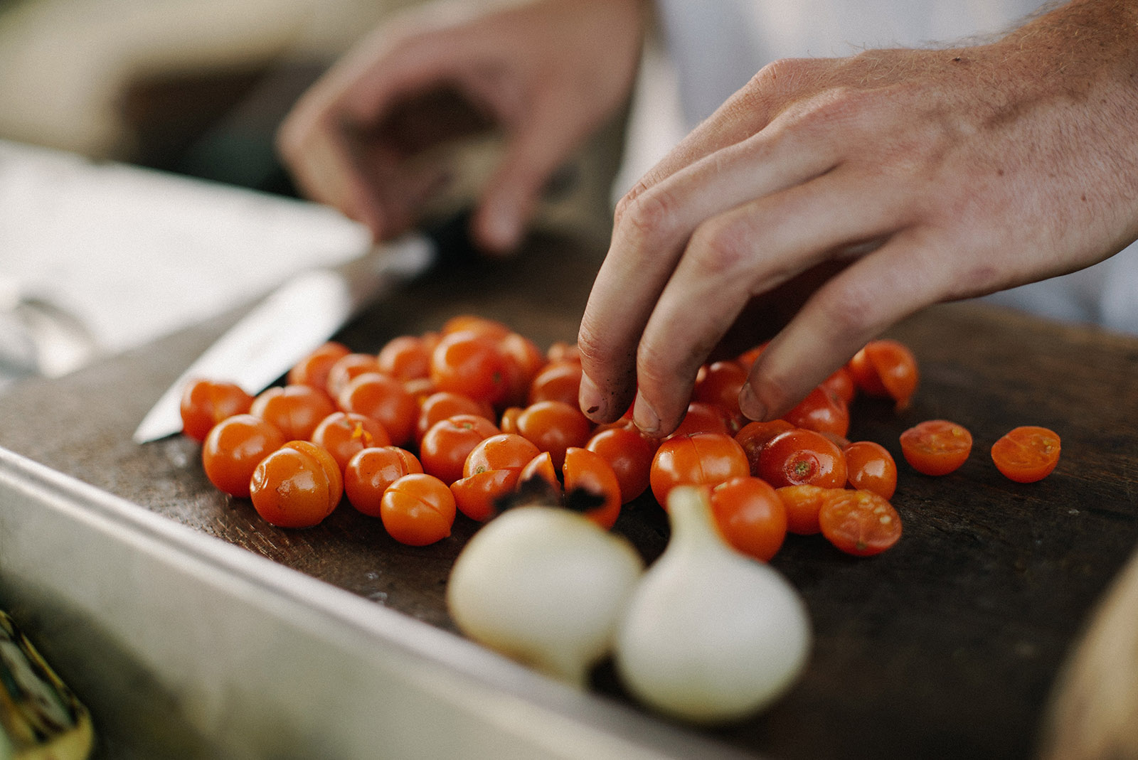 chopping tomatoes and garlic